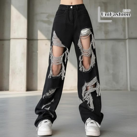 Ripped High Waist Jeans | Wide Leg Distressed Pants | Y2K Streetwear Loose Trousers