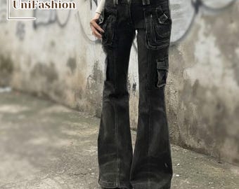 Low Waist Cargo Pants | Multi-Pocket Jeans for Women | Retro Grunge Streetwear
