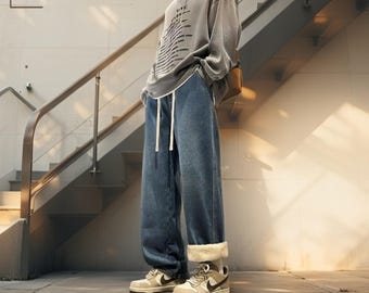 Fleece Lined Jeans | Winter Straight Trousers Denim | Relaxed Fit | Y2k Streetwear Pants
