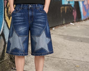 Patchwork Denim Jorts | Star Wide Leg Shorts | Daily Wear | Y2K Streetwear Style