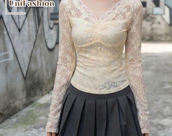 Lace Long Sleeve | Slim V Neck Top | Daily Wear | Y2K Fashion Style