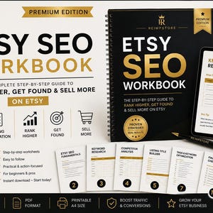 Może przedstawiać: Czarno-złoty skoroszyt Etsy SEO ze spiralą, tablet z badaniem słów kluczowych, czarny długopis i kilka wydrukowanych arkuszy ćwiczeń. Okładka zawiera tekst Etsy SEO Workbook, The Complete Step-by-Step Guide to Rank Higher, Get Found & Sell More on Etsy oraz 15 Powerful Worksheets.