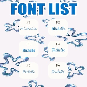 May include: A graphic showing a "FONT LIST" in blue, with six font samples labelled F1 to F6. Each sample displays the name "Michelle" in a different font style, set against a light background with blue water-like shapes.