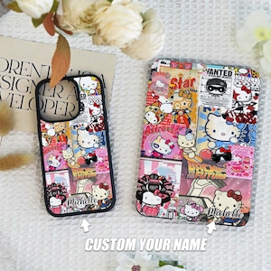 Puede incluir: Dos fundas para teléfono con un diseño de collage colorido con personajes de Hello Kitty. Las fundas tienen un borde negro y un nombre personalizado. El diseño incluye el texto "Star", "Wanted" y "Back to the Future".