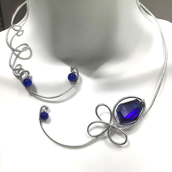 Royal bleu stylish jewelry,  Open collar necklace, Royal blue prom  jewelry, Blue chocker necklace, Royal blue jewelry set, Open necklace