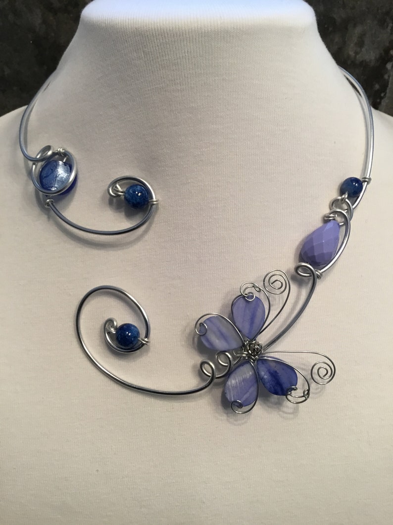 Stylish jewelry Open front necklace BLUE BUTTERFLY NECKLACE Butterfly necklace Aluminium wire necklace Jean blue jewelry
