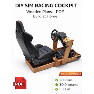 Może przedstawiać: Drewniany kokpit do symulacji wyścigów DIY, z czarnym fotelem wyścigowym z czerwonymi przeszyciami, kierownicą i pedałami. Obraz zawiera tekst "DIY SIM RACING COCKPIT" i "Wooden Plans - PDF Build at Home."