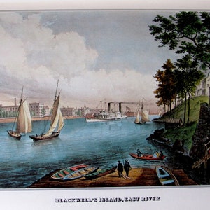 Currier and Ives- Blackwell&#39;s Island, East River, 8.5 x 11 in Reproduction Print, Bookplate, 1978 Unframed Vintage Book Print