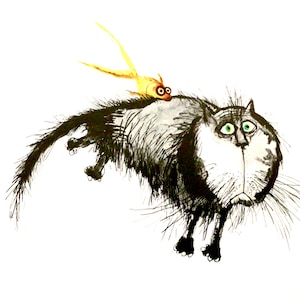 Ronald Searle, Cat Caricature Art Print, Inefficient Cat Captured By An Astute Goldfish”, Vintage Bookplate, Cat Print, Artwork, 1960s