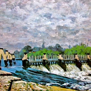 Alfred Sisley, Molesey Weir, Hampton Court, 1874, 9 x 7 in. Reproduction Impressionist Print,Color Plate, 1970 Book Page