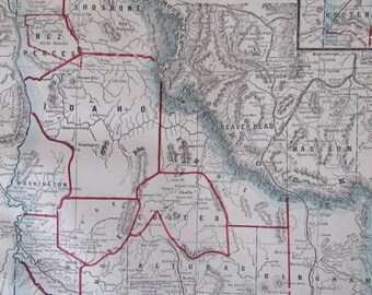 1891 Map- Idaho/Montana/Washington, 3 Sided Atlas Page 21 x 14.5 in Great for Framing