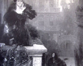 Under The Venice Moon-Louis Loch Reproduction Print-15.5 x 10.5 in/Black & White Plate/1908 Book Page/Unframed