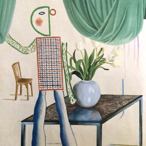 David Hockney, Invented Man Revealing Still Life, Small Vintage Reproduction for Framing, Book Print, Wall Art, Unframed