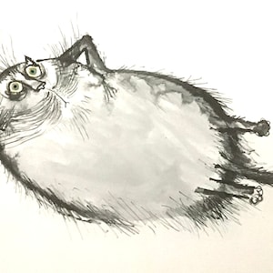 Ronald Searle, Cat Caricature Art Print, “ Exhausted Persian Cat Contemplating the Advantages of Monogamy”, Book Plate, Cat Print, 1960s