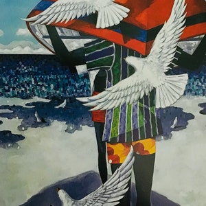 Dove Beach/White Scarf, African American Art, 2-sided Book Page Print for Framing, 10.5 x 12 in page Size