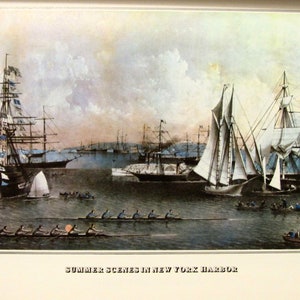 Currier and Ives, Summer Scenes in a New York Harbor, 1869, 8.5 x 11 in Reproduction Print, Bookplate, 1978 Unframed Vintage Book Print