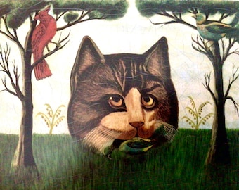 THE CAT, Naive Art, Primitive Rt, Feline Art, Whimsical Art Unframed Book Page Print