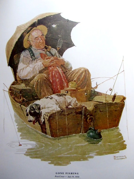 Gary Cooper/Gone Fishing, Norman Rockwell Magazine Cover Prints, 2-Sided  Vintage Book Page, Unframed Color Plate, 1979