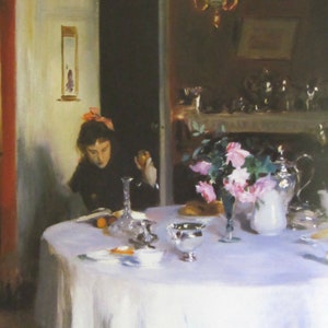 John Singer Sargent - The Breakfast Table, 9,5 x 14 pol. Página de livro vintage, ótima para emoldurar