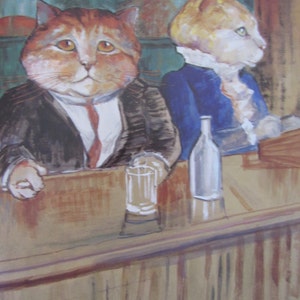 Cat Print, Based on Toulouse-Lautrec&#39;s, At The Bar, 8 x 10.5 in Reproduction Art Print, Impressionist Print, Vintage Book Page