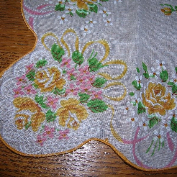 Yellow Roses with Pink and Yellow Ribbons Vintage Hankie