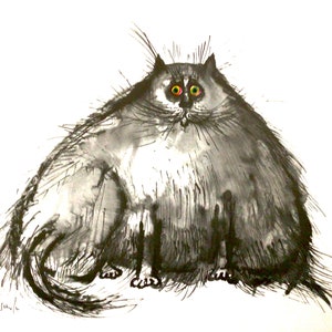 Ronald Searle, Cat Caricature Art Print, “An Exceptionally Barren Cat Trying To Hatch An Infertile Egg”, Vintage Print, Cat Print, 1960s