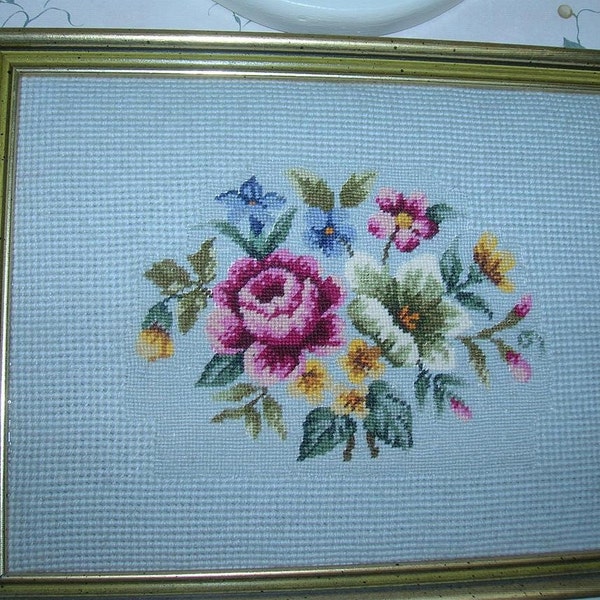 Lovely Vintage Needlepoint Floral Design, Flowers, Roses, Framed, Ready to Hand, 1960s