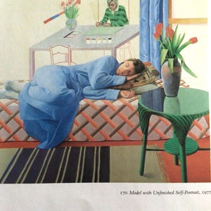 David Hockney, Model With Unfinished Self Portrait, Small Vintage Reproduction for Framing, Book Print, Wall Art, Unframed