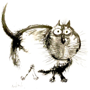 Ronald Searle, Cat Caricature Art Print, “ Vegetarian Cat Regarding a Plate of Eggs”, Vintage Book Plate, Cat Print, 1960s
