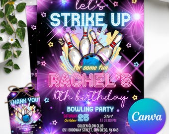 Editable Bowling Birthday Invitation, Glow Bowling Invitation, Neon Bowling Party, Boy Bowling Invite, Glow Invite, Strike Up Some Fun