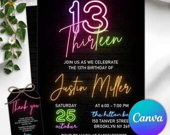 Puede incluir: Invitación de cumpleaños número 13 en negro con texto estilo neón. El diseño presenta el número "13" y la palabra "Thirteen" en colores vibrantes. Incluye detalles del evento y una etiqueta de agradecimiento. Para el cumpleaños de Justin Miller.
