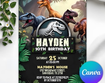 Dinosaurier-Party-Einladung, Dinosaurier-Welt einladen, Dinosaurier-Geburtstags-Party einladen, T-Rex-Party einladen, Jurassic 1.3.5. Geburtstag, bearbeitbare Canva
