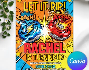 Invitación de cumpleaños inspirada en Blade Tournament, Let It Rip, celebración de batalla de juguetes giratorios, plantilla editable de Canva
