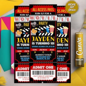 Movie Ticket Birthday Invitation: Editable Cinema Party Invite (Canva Template)