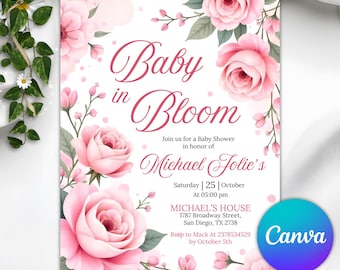 Editable Baby in Bloom Baby Shower Invitation, Wildflower Baby Shower Invite, Pink Spring Flowers Baby Shower Invitation
