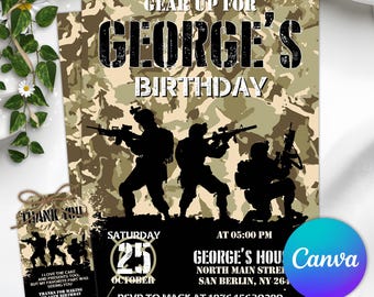 Bewerkbare Airsoft verjaardagskaart, uitnodiging voor een Airsoft gevechtsfeest, uitnodiging voor een tienerjongensverjaardagsfeestje, legeruitnodiging, Canva-sjabloon