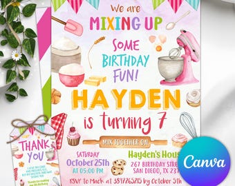 May include: A colorful birthday party invitation with baking-themed illustrations. The invitation includes text that reads "We are MIXING UP SOME BIRTHDAY FUN! HAYDEN is turning 7." A matching thank you tag is also included.
