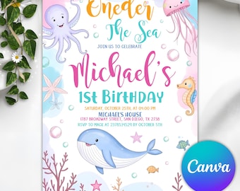 Invitación de cumpleaños de Oneder the Sea, plantilla editable de Canva, animales marinos en acuarela, invitación de cumpleaños infantil náutica oceánica, descarga instantánea