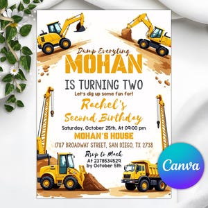 Op de afbeelding: Een verjaardagsuitnodiging met een bouwthema, met gele graafmachines en een dumper. De tekst luidt "Mohan wordt twee" en bevat details over het evenement. Het ontwerp heeft een bouwthema.