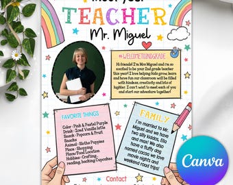Meet the Teacher Template, Editable Back to School Flyer, Teacher Introduction Newsletter, Rainbow Classroom Welcome, Canva Printable