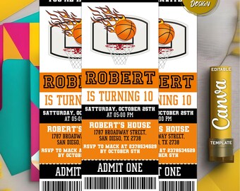 Basketball Ticket Birthday Invitation: Sports Theme, Editable Canva Template (Digital Download)