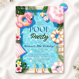 Invitación de cumpleaños en la piscina, invitación original para fiesta de cumpleaños en la piscina, celebración de cumpleaños de verano en la piscina, plantilla editable de Canva