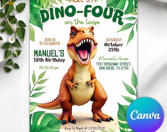 Editable DINO-FOUR Birthday Invitation Template, 4th Birthday Dinosaur T-Rex Party Invite, Digital Boy Canva Download