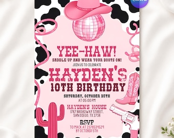 Invitación de cumpleaños de vaquera, fiesta en Nashville, invitación de fiesta de vaquera rosa, cumpleaños de vaquera espacial, invitación de rodeo disco, plantilla editable de Canva