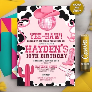 Cowgirl Birthday Invitation, Nashville Party, Pink Cowgirl Party Invite, Space Cowgirl Birthday, Disco Rodeo Invite, Editable Canva Template