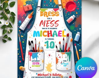 Painting Party Invitation, Let’s Paint and Celebrate, Art Party Invitation, Art Birthday Party Invitation, Dress for a Mess, Editable Canva