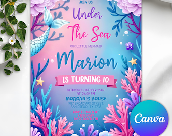 Invito di compleanno modificabile a forma di coda di sirena per ragazza, invito di compleanno a forma di festa sottomarina con sirena, invito per festa a forma di sirena, invito a forma di sirena, Canva