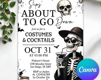 Adult Halloween Sips About to Go Down Skeleton Invitation, Cocktails and Costumes Invite, Halloween Party Invitation, Canva Template