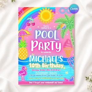 May include: A rectangular pool party invitation card featuring a pink and blue gradient background with a rainbow, sun, palm tree, pineapple, flamingo, and ice cream cone. Text reads: You're invited to a POOL PARTY to celebrate Michael's 10th Birthday.