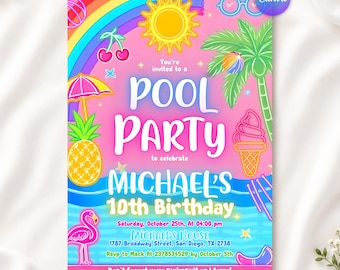 Neon Pool Birthday Invitation, Pool Party Birthday Invitation, Neon Glow Swim Invite, Swimming Pool Party Invite, Editable Canva Template